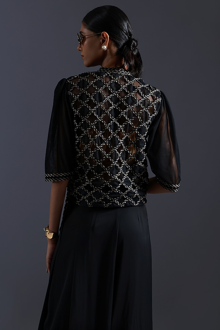 Black & Gold Tulle Cutwork Applique Embroidered Top by Devina Juneja at Pernia's Pop Up Shop