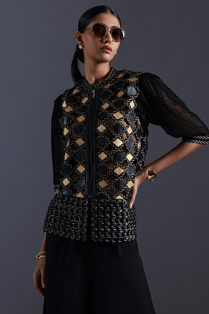 Black & Gold Tulle Cutwork Applique Embroidered Top by Devina Juneja at Pernia's Pop Up Shop