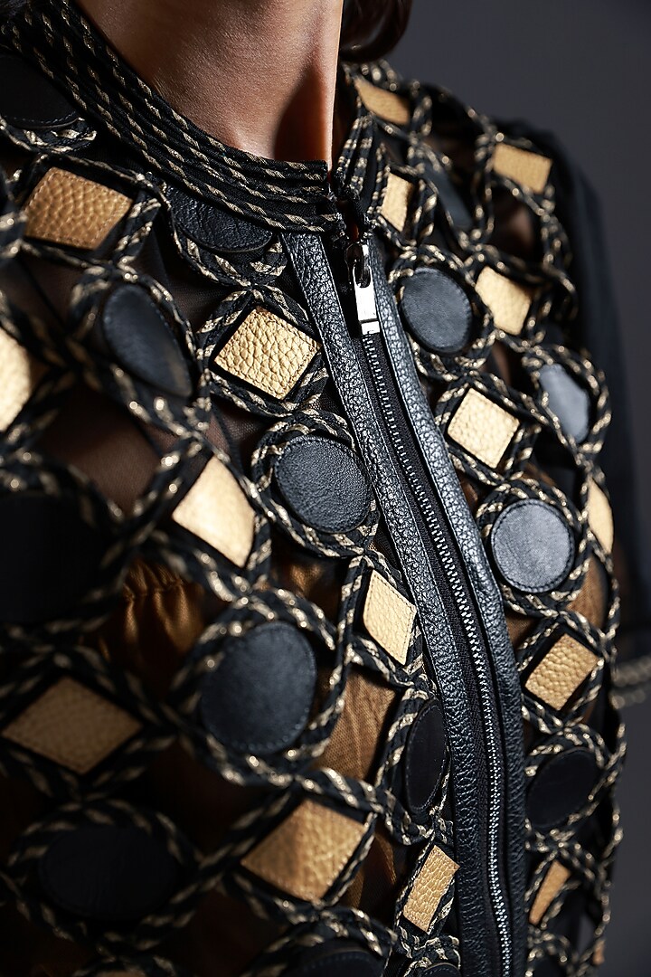Black & Gold Tulle Cutwork Applique Embroidered Top by Devina Juneja at Pernia's Pop Up Shop