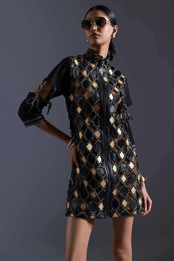 Black & Gold Tulle Cutwork Applique Embroidered Dress by Devina Juneja at Pernia's Pop Up Shop