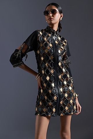 Black & Gold Tulle Cutwork Applique Embroidered Dress by Devina Juneja