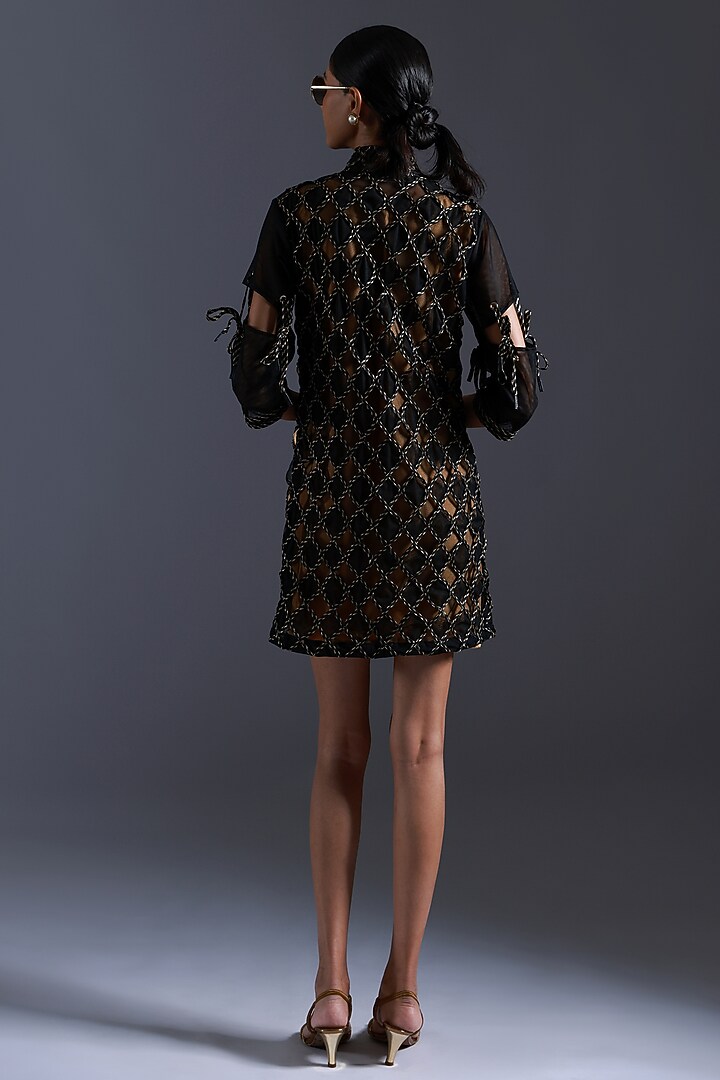 Black & Gold Tulle Cutwork Applique Embroidered Vacation Dress by Devina Juneja at Pernia's Pop Up Shop