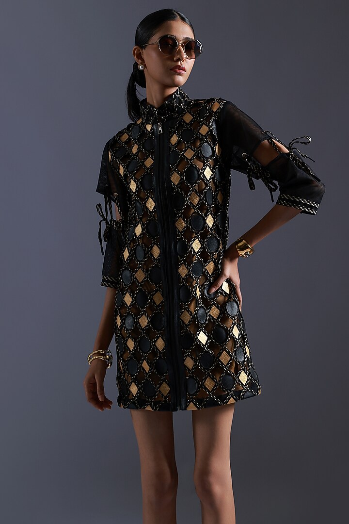 Black & Gold Tulle Cutwork Applique Embroidered Vacation Dress by Devina Juneja at Pernia's Pop Up Shop