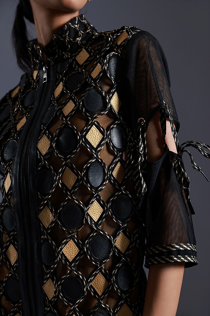 Black & Gold Tulle Cutwork Applique Embroidered Vacation Dress by Devina Juneja at Pernia's Pop Up Shop