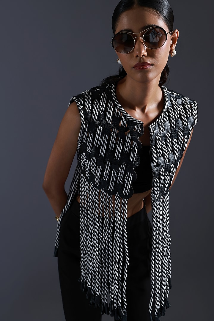 Black & White Monochrome Dori Handwoven Jacket by Devina Juneja at Pernia's Pop Up Shop