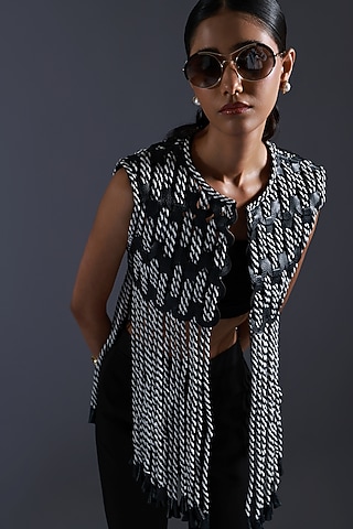 Black & White Monochrome Dori Handwoven Jacket by Devina Juneja