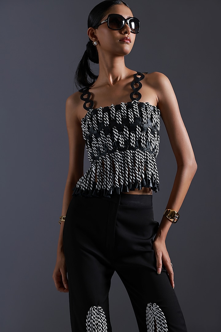 Black & White Crepe Monochrome Dori Handwoven Vest by Devina Juneja at Pernia's Pop Up Shop