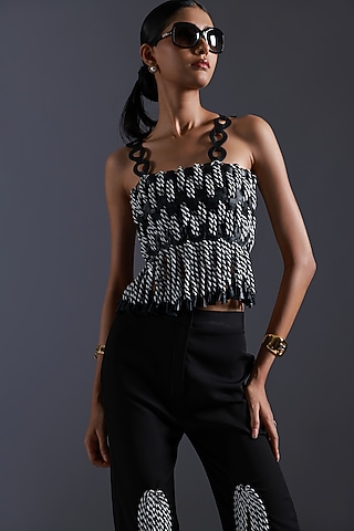 Black & White Crepe Monochrome Dori Handwoven Vest by Devina Juneja
