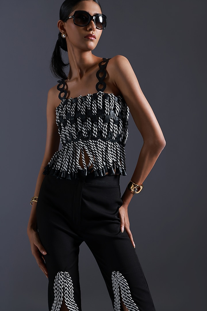 Black & White Crepe Monochrome Dori Handwoven Vest by Devina Juneja at Pernia's Pop Up Shop
