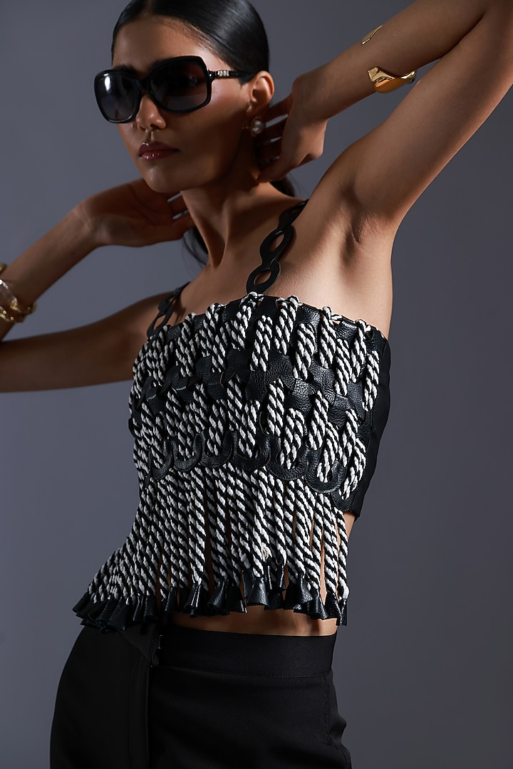 Black & White Crepe Monochrome Dori Handwoven Vest by Devina Juneja at Pernia's Pop Up Shop