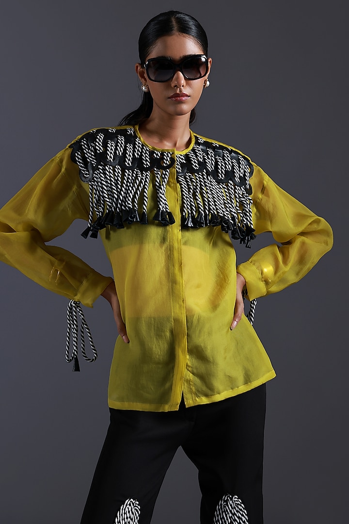 Yellow Organza Monochrome Dori Shirt by Devina Juneja at Pernia's Pop Up Shop