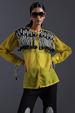 Yellow Organza Monochrome Dori Shirt by Devina Juneja