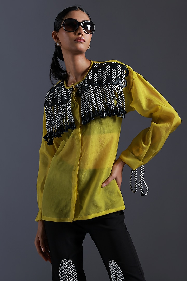 Yellow Organza Monochrome Dori Shirt by Devina Juneja at Pernia's Pop Up Shop
