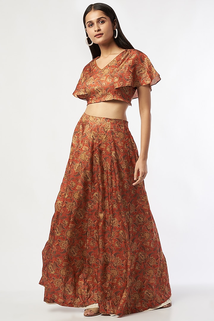 Orange Printed Skirt Set by Shalini Dokania