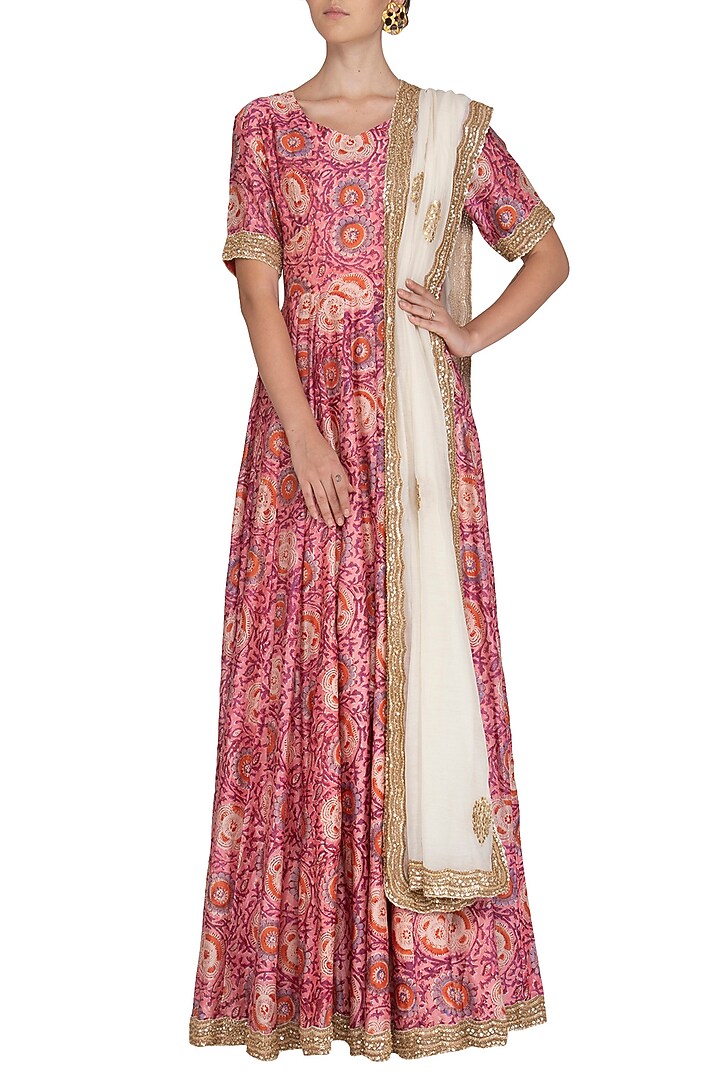 Pink Embroidered & Printed Wedding Anarkali Set by Shalini Dokania at Pernia's Pop Up Shop