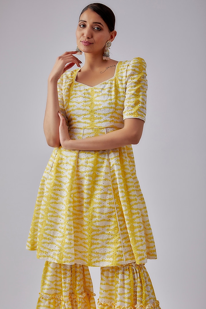 Yellow Cotton Printed Hakoba Party Wear Sharara Set by Shalini Dokania at Pernia's Pop Up Shop