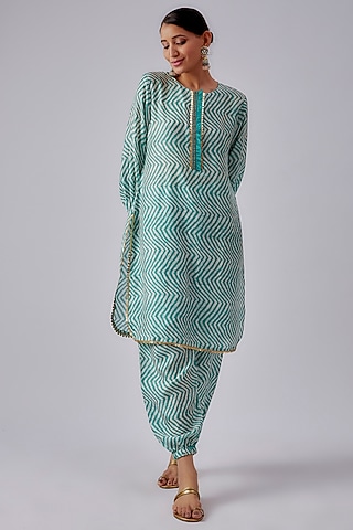 Blue Silk Muslin Printed & Embroidered Kurta Set by Shalini Dokania