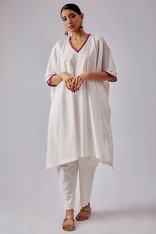 White Cotton Embroidered Kaftan Set by Shalini Dokania