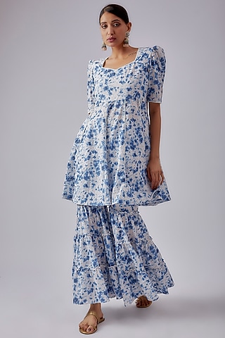 Blue Cotton Tie-Dye Printed Sharara Set by Shalini Dokania