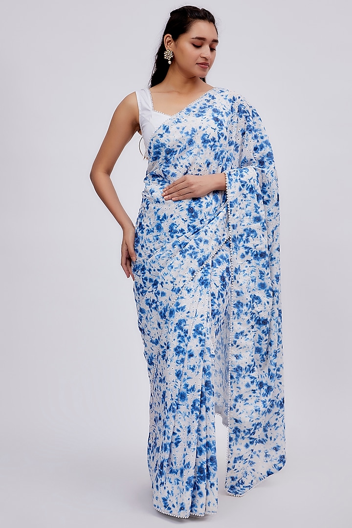 Blue Cotton Hakoba Tie-Dye Printed Saree Set by Shalini Dokania