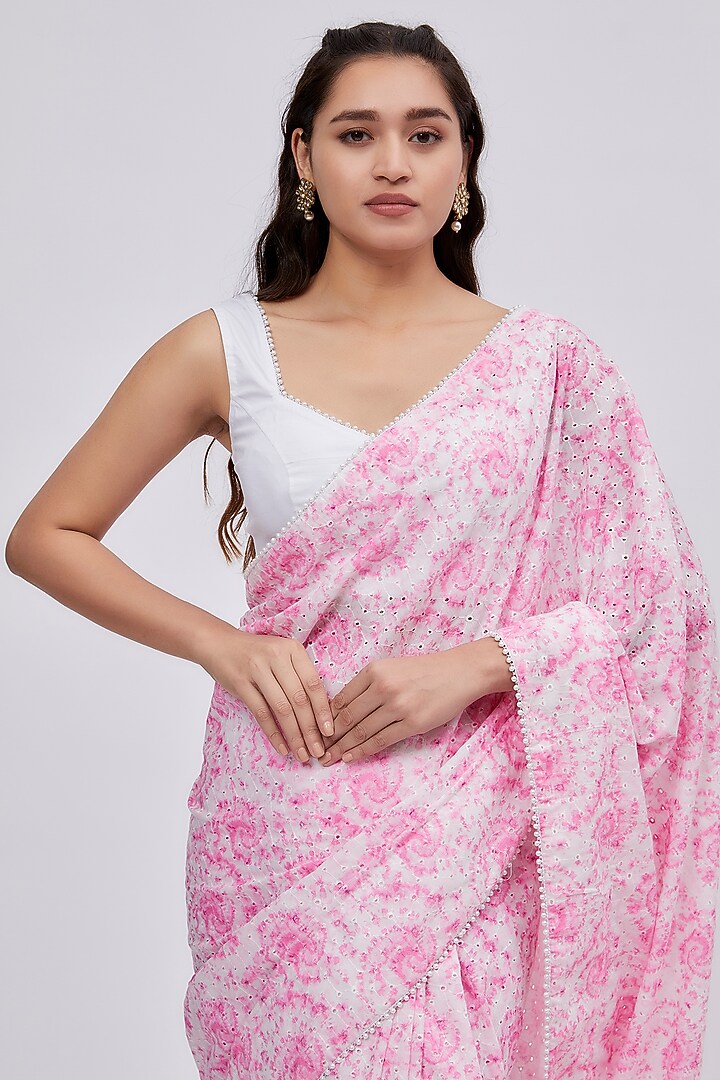 Pink Cotton Hakoba Tie-Dye Printed Party Wear Saree Set by Shalini Dokania at Pernia's Pop Up Shop
