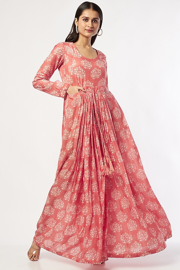 Peach Printed Gathered Dress by Shalini Dokania