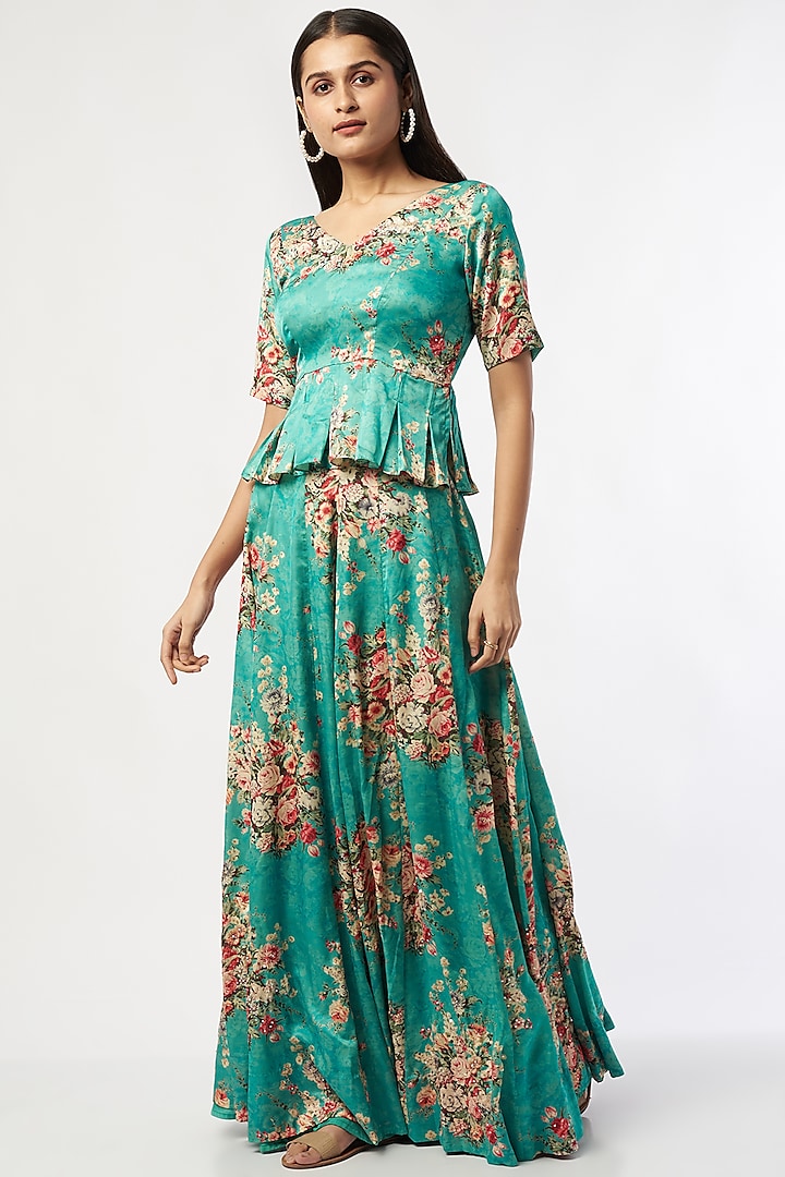 Turquoise Blue Embroidered & Printed Wedding Lehenga Set by Shalini Dokania at Pernia's Pop Up Shop