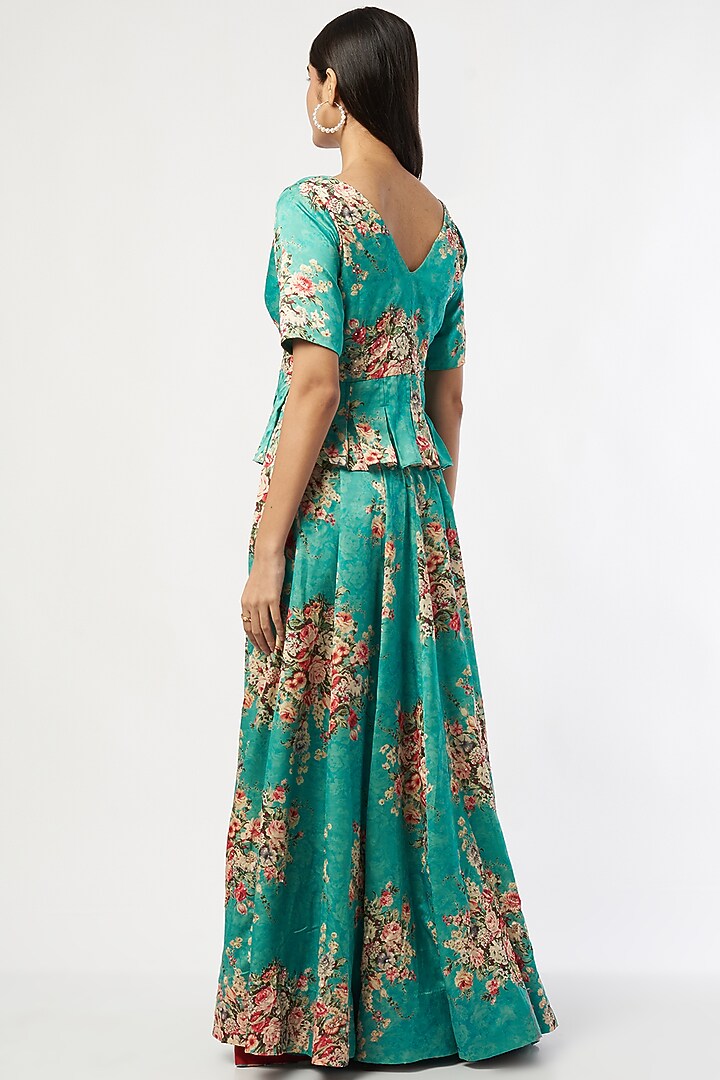 Turquoise Blue Embroidered & Printed Wedding Lehenga Set by Shalini Dokania at Pernia's Pop Up Shop
