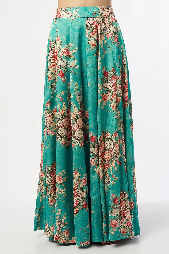 Turquoise Blue Embroidered & Printed Wedding Lehenga Set by Shalini Dokania at Pernia's Pop Up Shop
