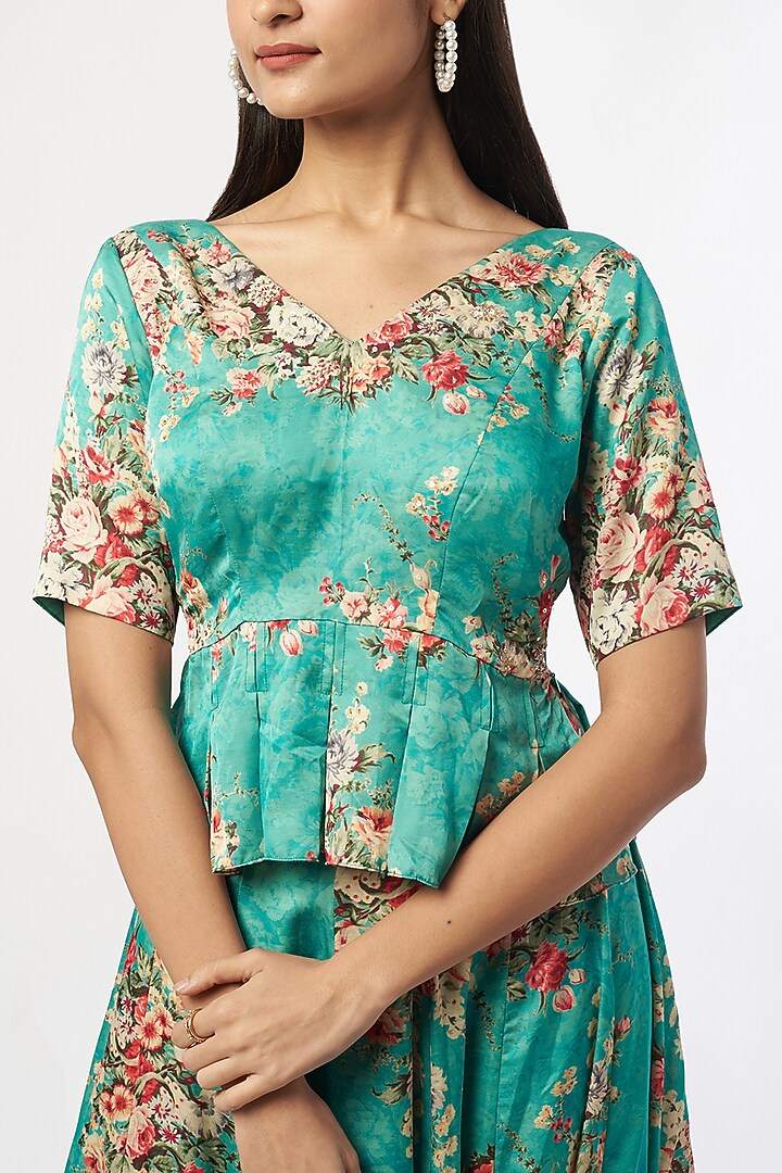 Turquoise Blue Embroidered & Printed Wedding Lehenga Set by Shalini Dokania at Pernia's Pop Up Shop