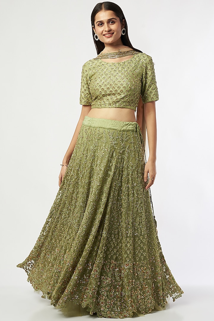 Teal Green Embroidered Lehenga Set by Shalini Dokania