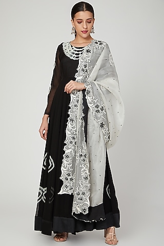 Black Embroidered Anarkali With Dupatta by Shalini Dokania