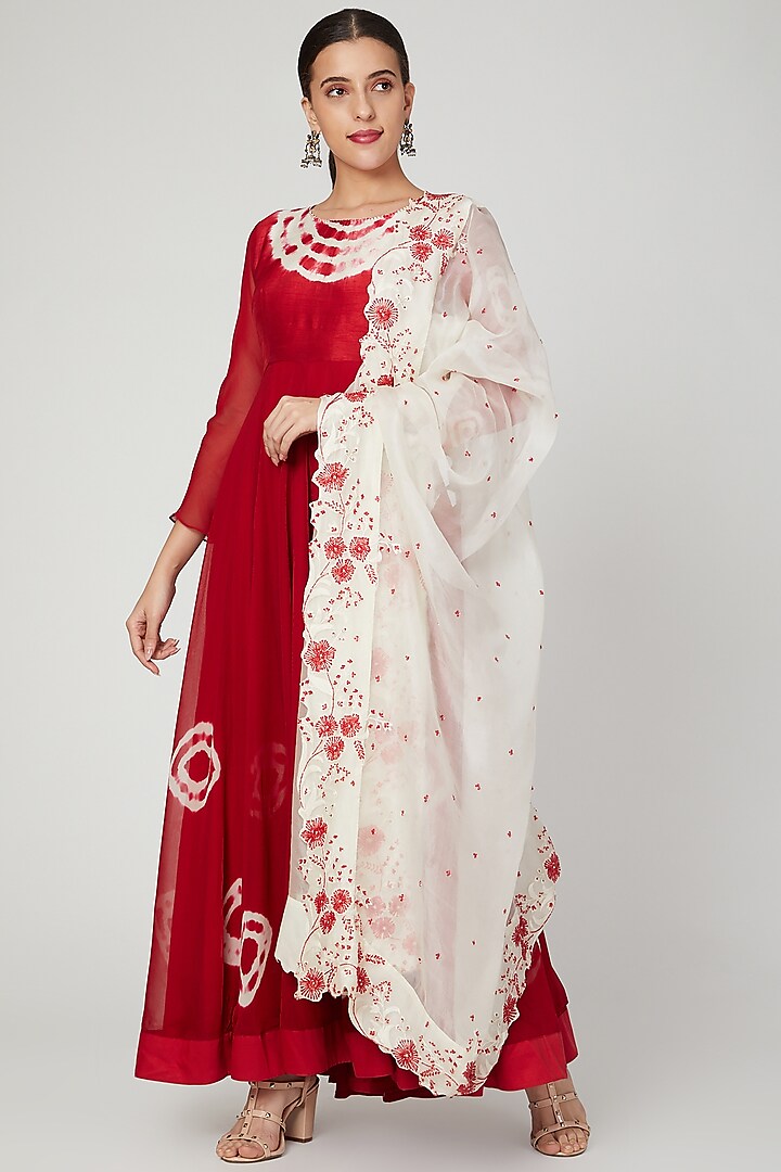 Red Embroidered Anarkali With Dupatta by Shalini Dokania