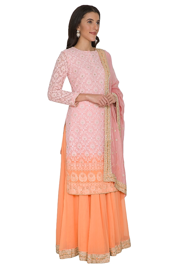 Old Rose Pink To Peach Ombre Chikankari Wedding Sharara Set by Shalini Dokania at Pernia's Pop Up Shop