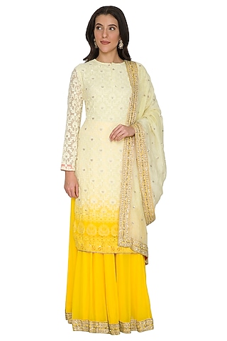 Yellow Ombre Chikankari Sharara Set by Shalini Dokania