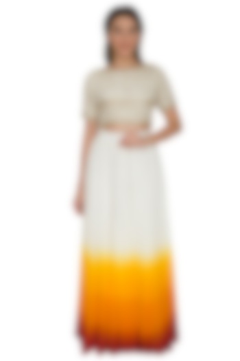 White Embroidered Crop Top With Shaded Skirt by Shalini Dokania