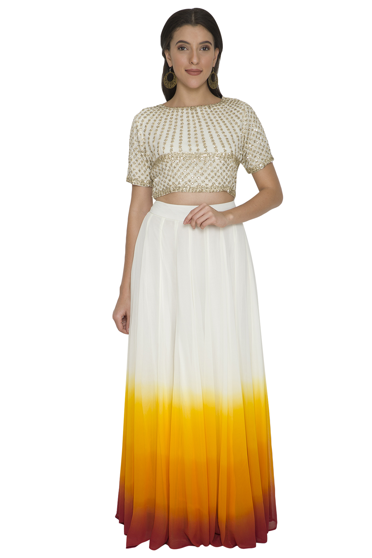 White Embroidered Crop Top With Shaded Skirt by Shalini Dokania