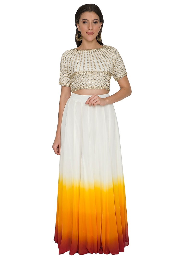 White Embroidered Crop Top With Shaded Skirt by Shalini Dokania