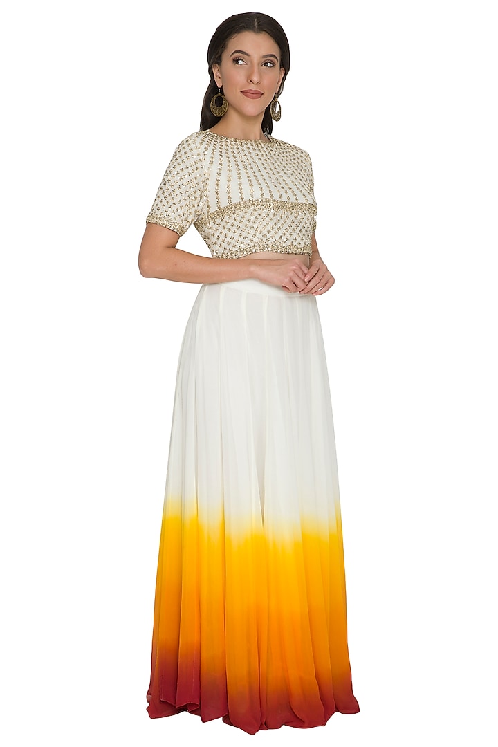White Embroidered Crop Top With Shaded Skirt by Shalini Dokania at Pernia's Pop Up Shop