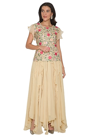 Beige Embroidered Top With Ruffled Skirt by Shalini Dokania