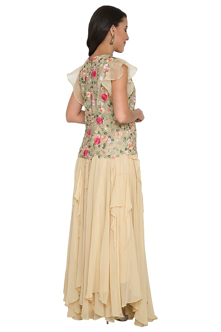 Beige Embroidered Top With Ruffled Skirt by Shalini Dokania at Pernia's Pop Up Shop