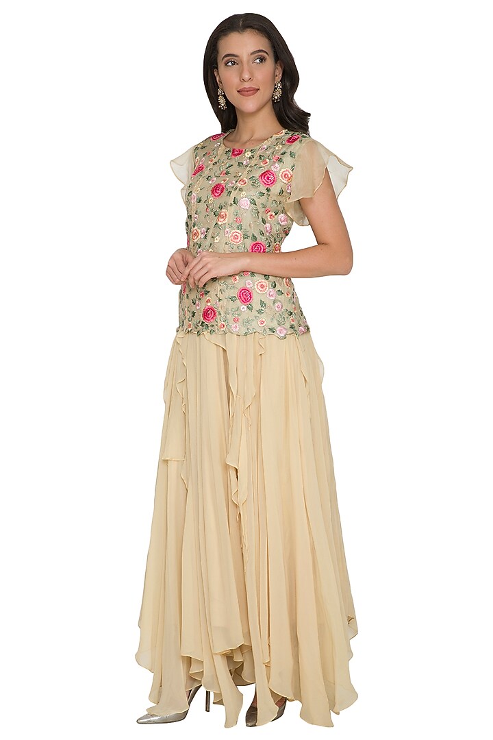 Beige Embroidered Top With Ruffled Skirt by Shalini Dokania at Pernia's Pop Up Shop
