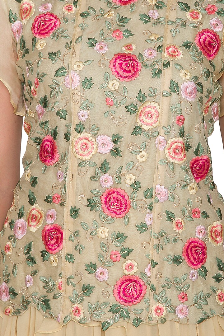 Beige Embroidered Top With Ruffled Skirt by Shalini Dokania at Pernia's Pop Up Shop