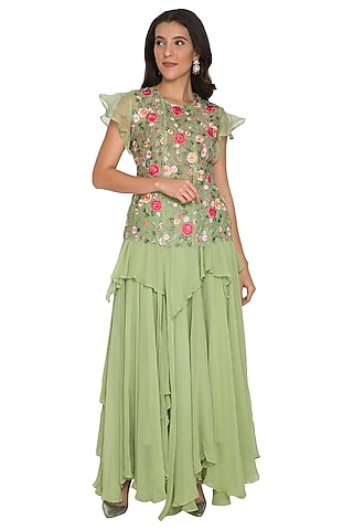 Teal Green Embroidered Top With Ruffled Skirt by Shalini Dokania