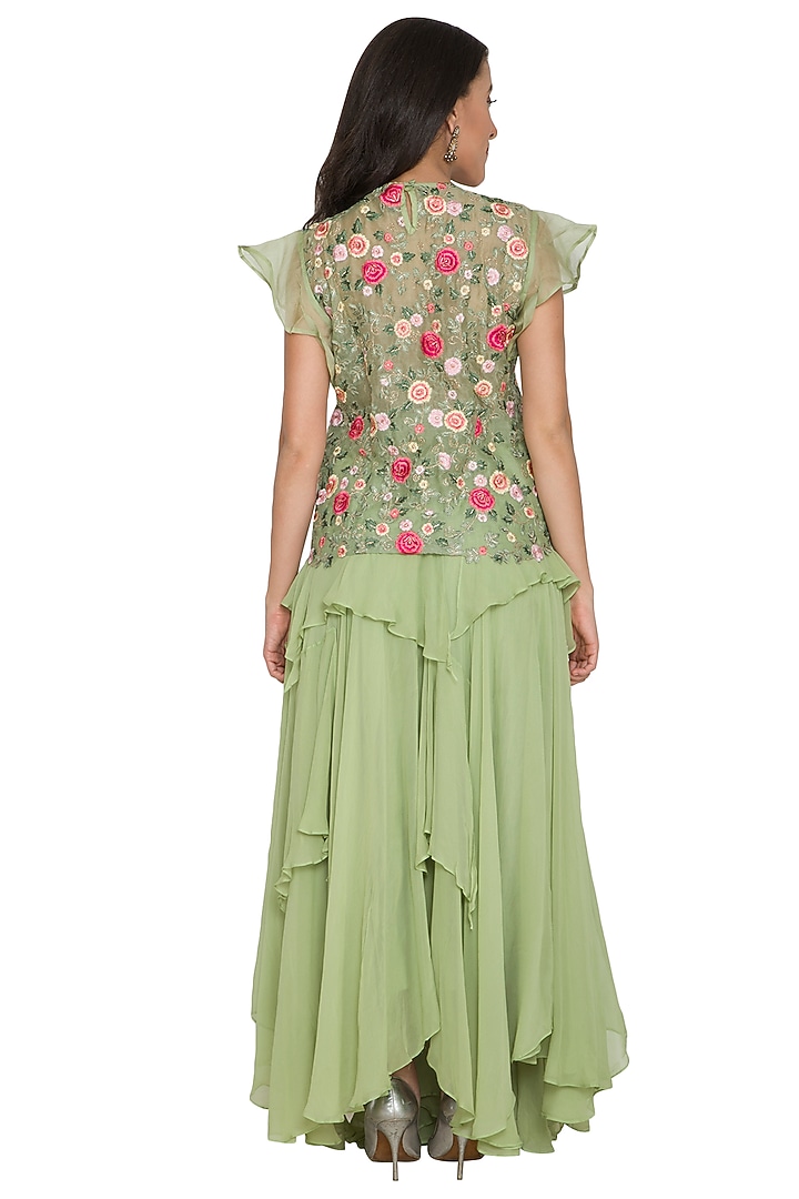Teal Green Embroidered Top With Ruffled Skirt by Shalini Dokania at Pernia's Pop Up Shop