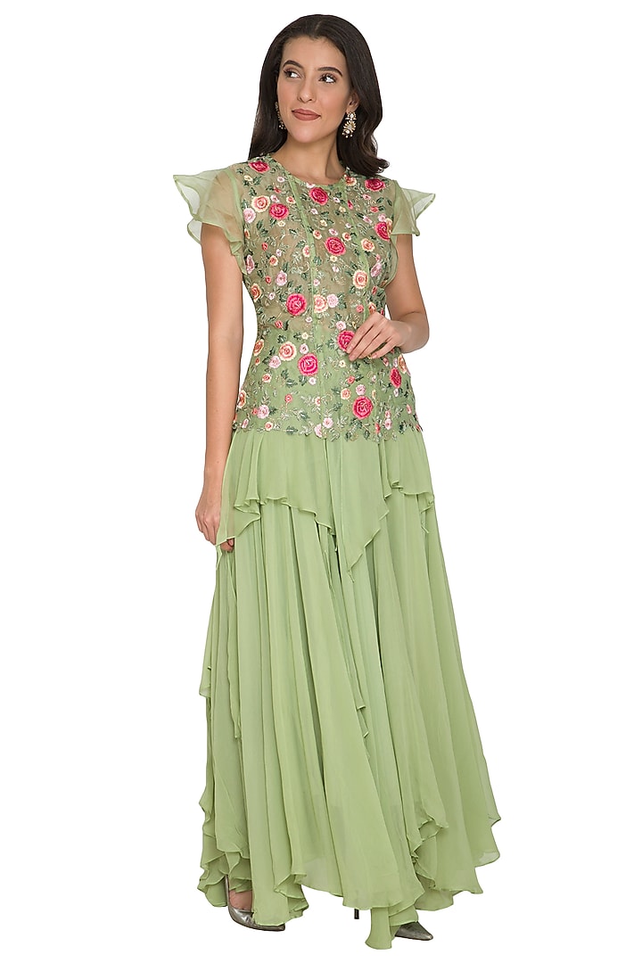 Teal Green Embroidered Top With Ruffled Skirt by Shalini Dokania at Pernia's Pop Up Shop