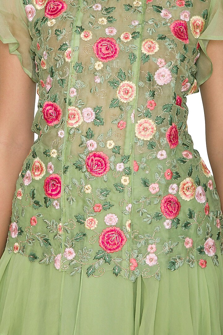 Teal Green Embroidered Top With Ruffled Skirt by Shalini Dokania at Pernia's Pop Up Shop