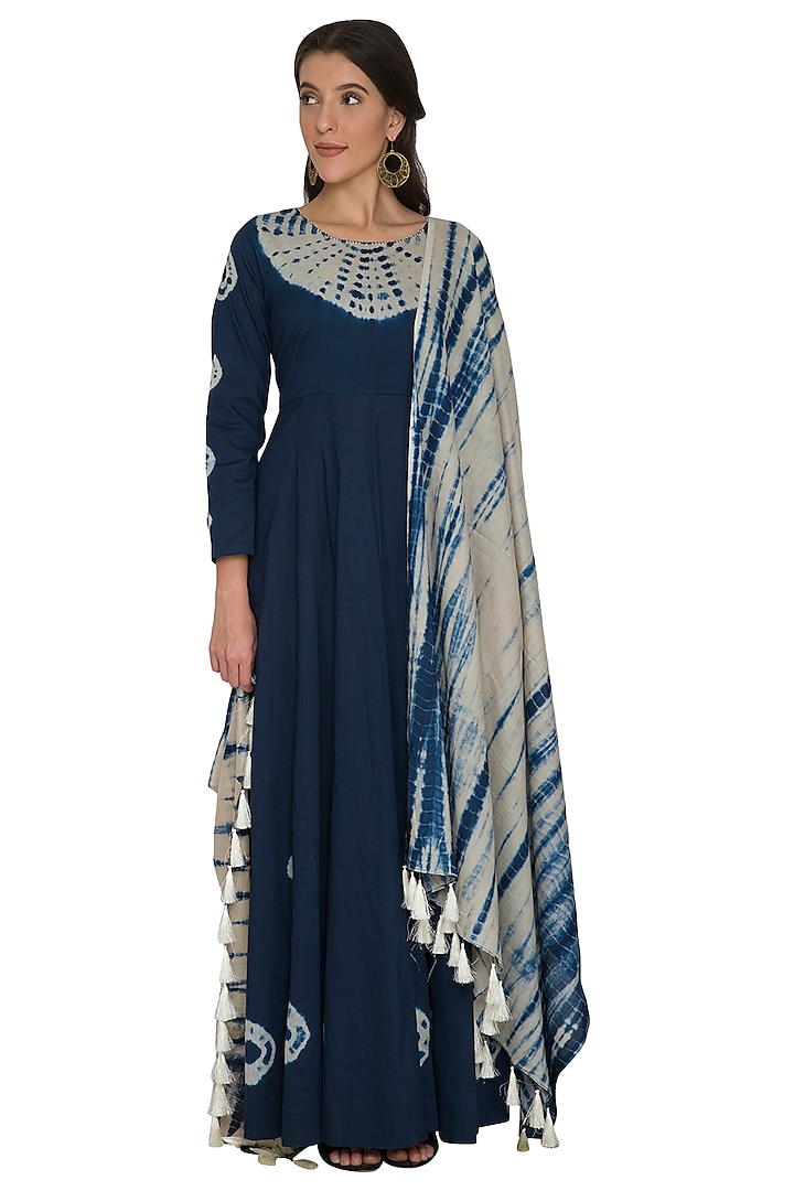 Indigo Blue Tie-Dye Anarkali With Dupatta by Shalini Dokania