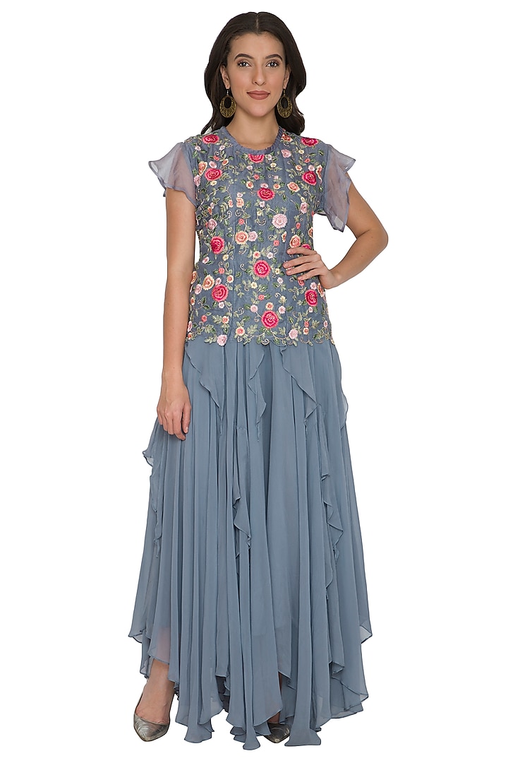 Grey Embroidered Top With Ruffled Skirt by Shalini Dokania