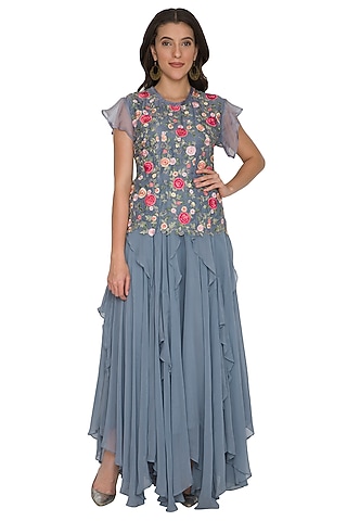 Grey Embroidered Top With Ruffled Skirt by Shalini Dokania